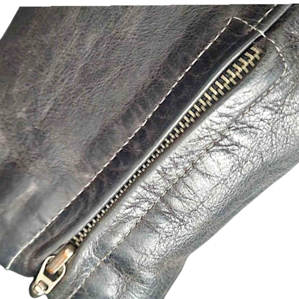 Vintage Black Leather Women's Moto Jacket-Y2K Classic Collar Metal Zips Grunge - Picture 5 of 14